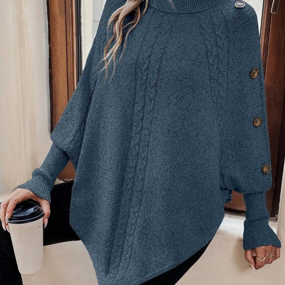 Blue Casual Women's Turtleneck Batwing Sleeve Button Detail Poncho Sweater top - Picture 7 of 7